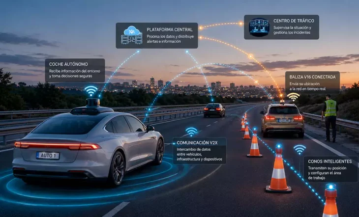 Balizas V16 y conos conectados: la tecnología que prepara la carretera para la conducción autónoma
